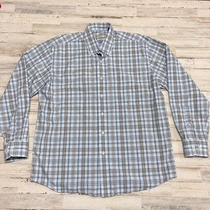 Alan Flusser Men’s Casual Button Down Shirt Plaid Large Blue Yellow